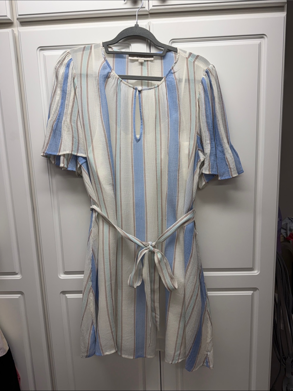 LOFT Blue and Cream Striped Tie-Waist Mini Dress
